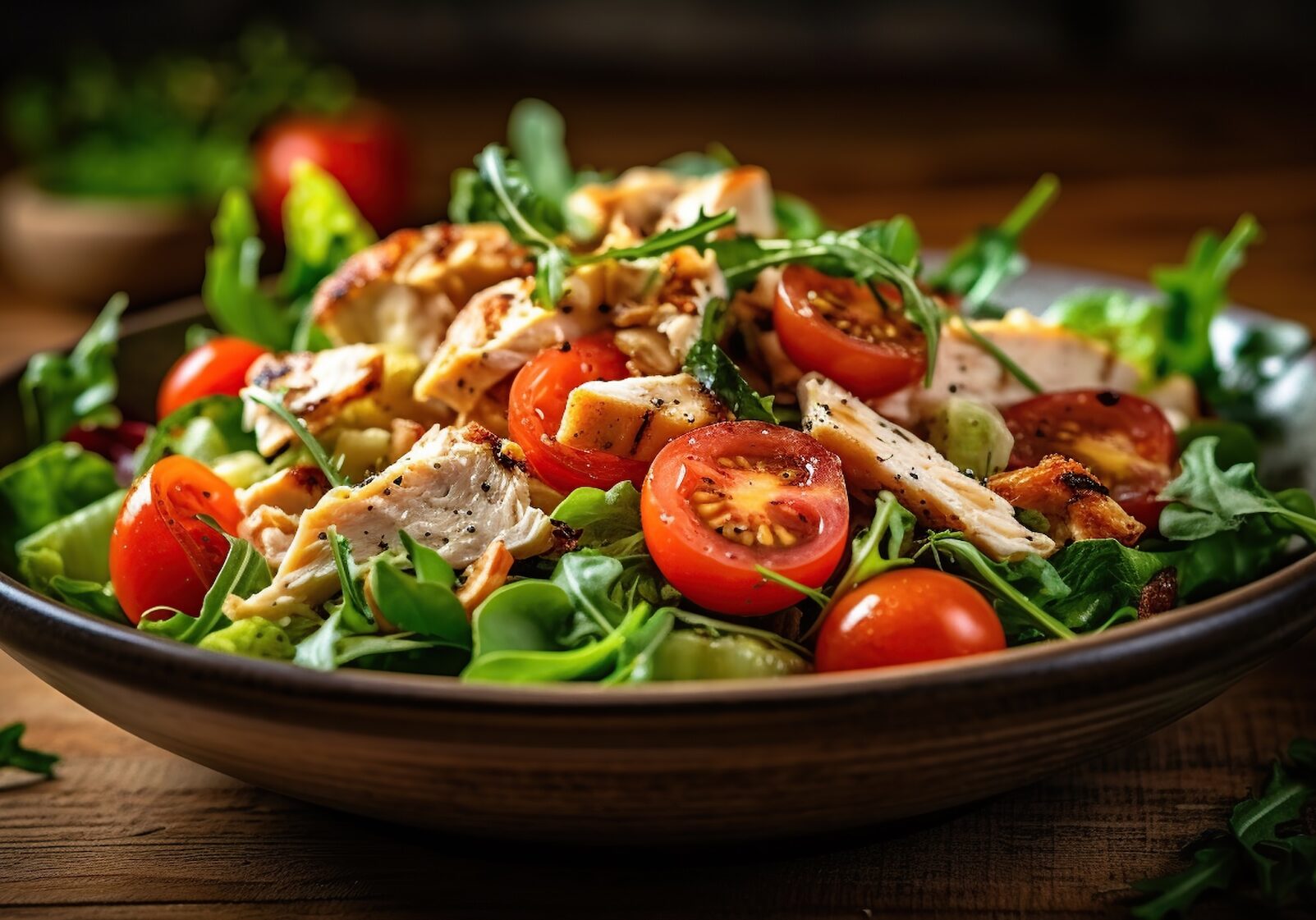 Fresh salad with chicken, tomatoes and mixed greens AI generated image